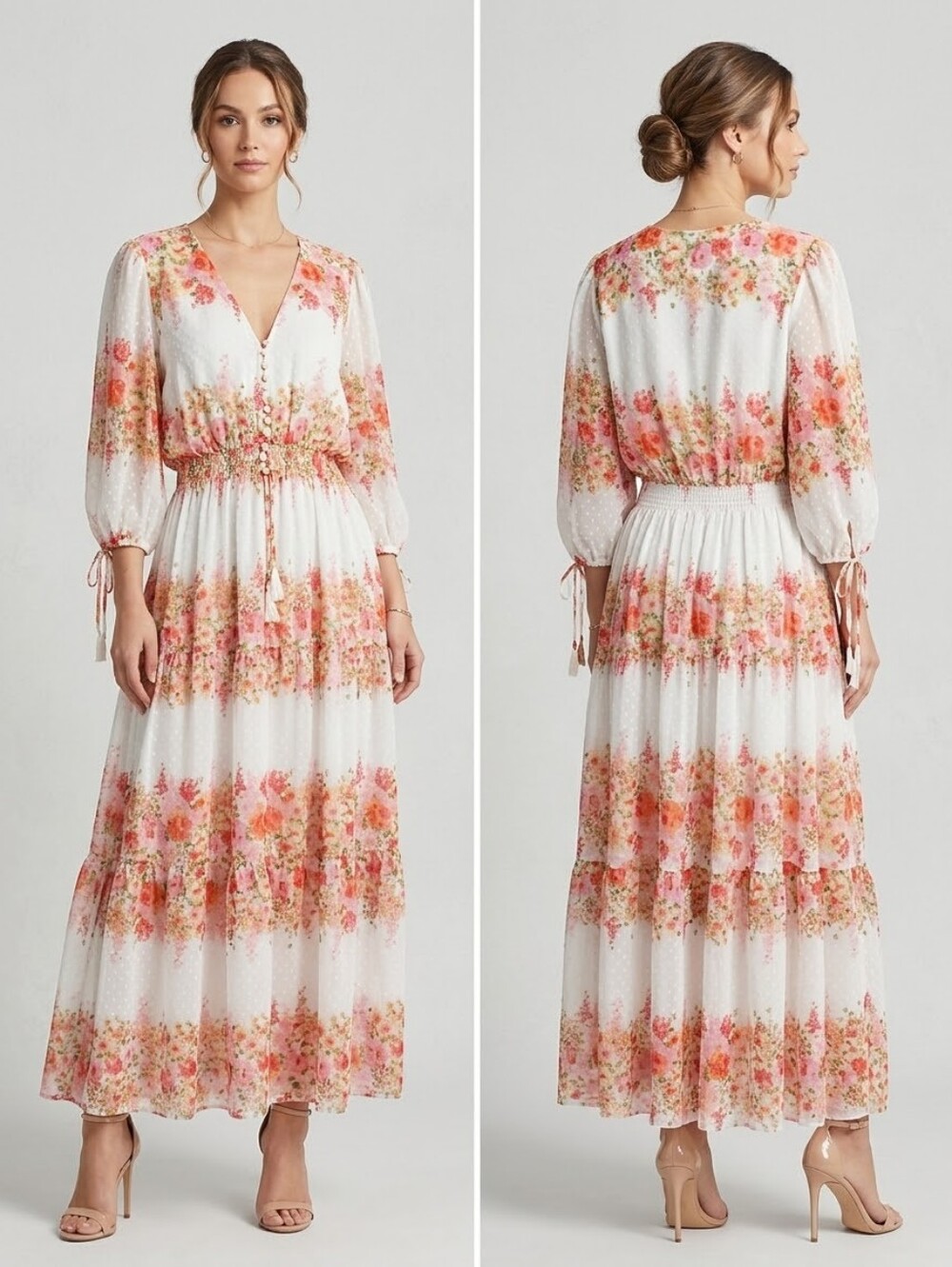 Taylor White Maxi Dress with Coral & Peach Floral Print